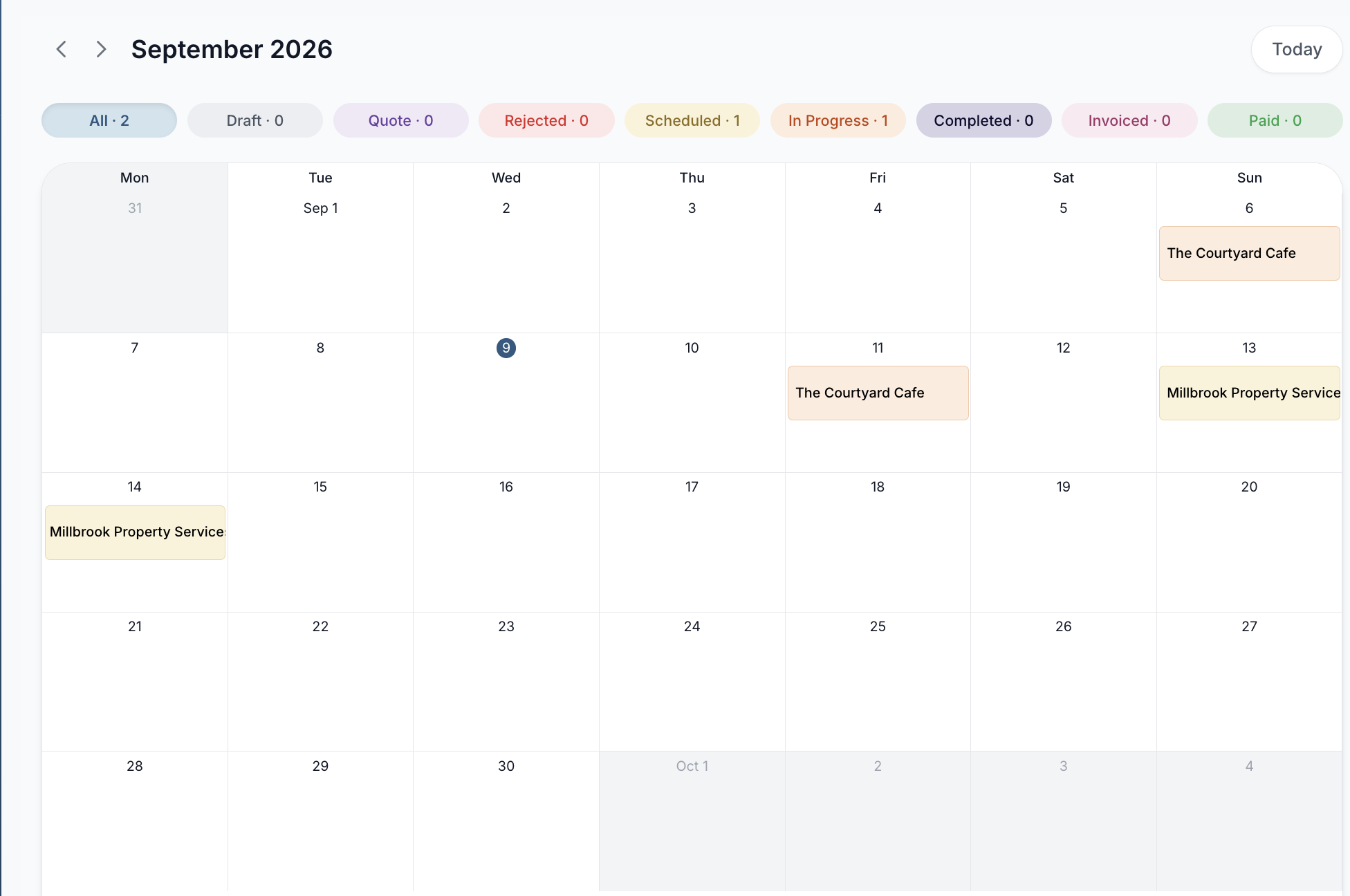 September 2026 diary showing scheduled and in-progress electrical jobs