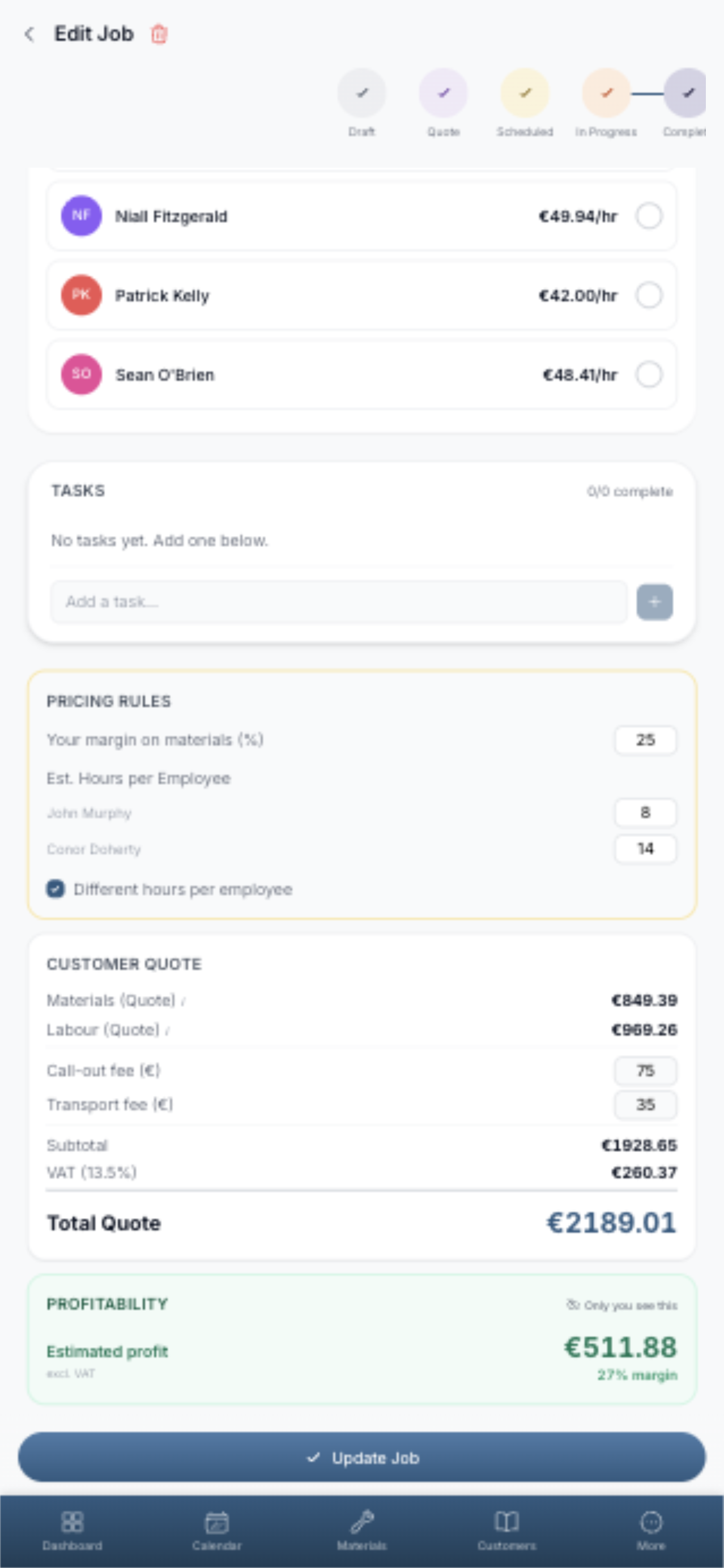 Job pricing screen showing materials, labour and estimated profit