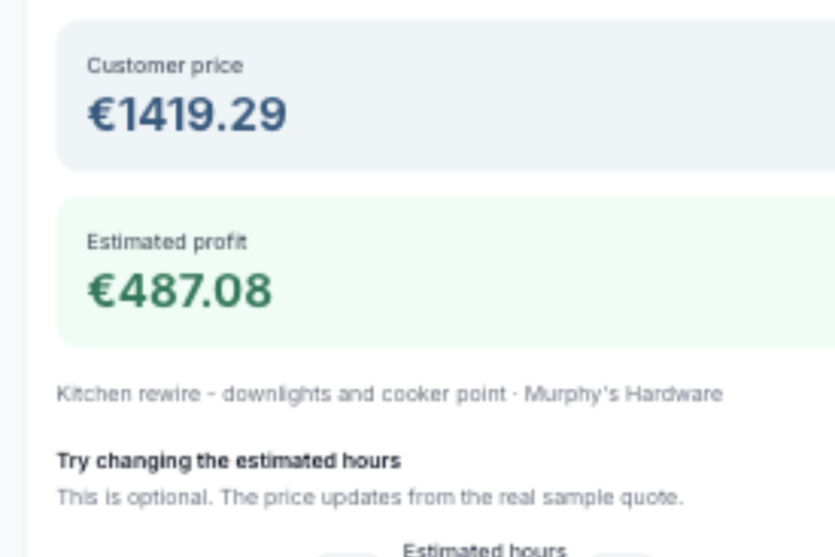 Prepared sample quote showing customer price and estimated profit in Price The Job